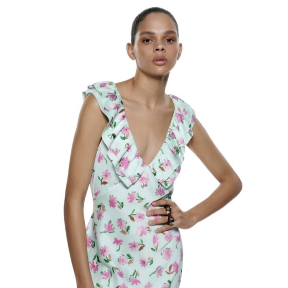 Zara Mint Midi Dress with Pink Floral Ruffle V-Neck